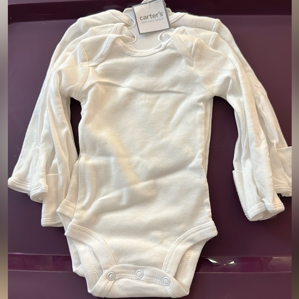 3 Piece BRAND NEW Carter’s White Long Sleeve Baby Onesies with Hand Covers